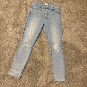 MOTHER The Pixie Ankle Fray Light Blue High Rise Distressed Jeans
